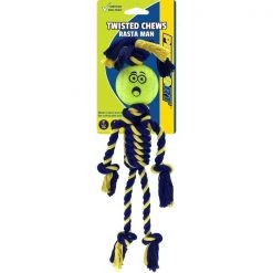 Petsport Twisted Chews Blue/Yellow Braided Rasta Man Cotton Rope with Tennis Ball Dog Toy 1 pc