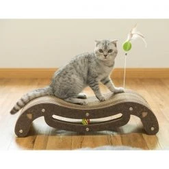 Pawsmark Corrugated Cardboard Cat Scratcher Lounge with Feather Hanging and Interactive Ball Toy