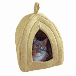 Pet Adobe Pet Bed, Igloo Soft Indoor Enclosed Covered Tent with Removable Cushion for Cats/Small Pets (Tan)