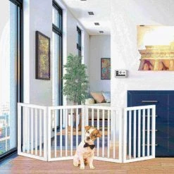 Pet Adobe Freestanding 4 Panel Pet Gate Wooden Folding Fence with Expandable Divider for Homes (White)