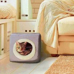 Pet Adobe Indoor Cat Pet Bed Cave, Enclosed Cavern with Removable Cushion Pad for Cats/Small Animals | Gray
