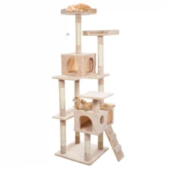 Pet Adobe Cat Tree House, Multi-Level, Scratching Posts, Condos, Perches & Toys, 66-"Tall, Beige