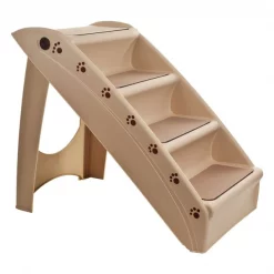 Pet Adobe Folding Stairs 4-Step Design, Side Rails and Foam Pads for Dogs, Cats and Puppies, Tan