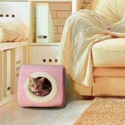 Pet Adobe Indoor Cat Pet Bed Cave, Enclosed Cavern with Removable Cushion Pad for Cats/Small Animals | Pink