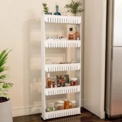 5-tier Hastings Home Slim Rolling Cart, Laundry Room, Bathroom, Kitchen Organizer on Wheels, White