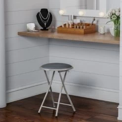 Hastings Home Folding Stool Heavy Duty 18-Inch Collapsible Padded Round with 300 Pound Capacity Home (Gray)