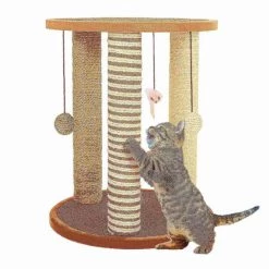 Pet Adobe Cat Scratching Post- Play Area with 3 Poles, Perch and Toys- 19.25 inch Tall