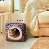 Pet Adobe Indoor Cat Pet Bed Cave with Removable Cushion Pad for Cats/Small Animals | Gray/Black Animal Print