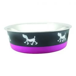 Benzara BNC-10005-2 Stainless Steel Pet Bowl with Anti Skid Rubber Base & Dog Design; Gray & Pink - Large - Set of 2