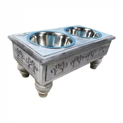Iconic Pet Llc Iconic Pet 52068 Sassy Paws Raised Wooden Pet Double Diner with Stainless Steel Bowls; Antique Gray - Large