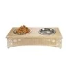 LR Resources PETMS20005MLT1905 19 x 9 x 5 in. Wood Elevated Double Pet Feeder with Engraved Floral & Paws; Brown & White - Rectangle