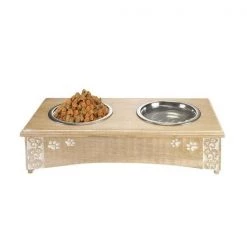 LR Resources PETMS20005MLT1905 19 x 9 x 5 in. Wood Elevated Double Pet Feeder with Engraved Floral & Paws; Brown & White - Rectangle