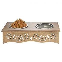 LR Resources PETMS20007MLT1905 Handmade Mango Wood Elevated Double Pet Feeder with Floral Cutouts - Rectangle