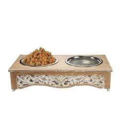 LR Home PETMS20010MLT2105 Handmade Mango Wood Elevated Rectangle Double Pet Feeder with White Floral Filigree Cutouts - 8.5 x 3 in.