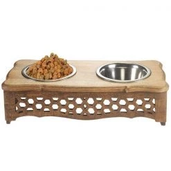 LR Resources PETMS20011MLT1905 Handmade Mango Wood Elevated Double Pet Feeder with Geometric Honeycomb Cutouts - Rectangle