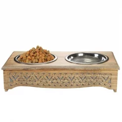 LR Home PETMS20009MLT2105 Handmade Mango Wood Elevated Rectangle Double Pet Feeder with Engraved Geometric Design - 8.5 x 3 in.