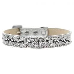 Mirage Pet 635-1 SV16 Double Crystal & Silver Spikes Dog Collar; Silver Ice Cream - Size 16