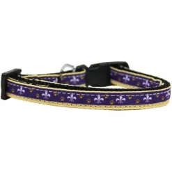 Mirage Pet 125-161 SM Purple & Yellow Fleur De Lis Nylon Ribbon Dog Collar - Small