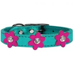 Mirage Pet 83-111 MTQ-MPK12 Metallic Flower Leather Collar; Metallic Turquoise with Metallic Pink Flowers - Size 12