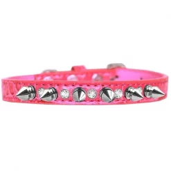 Petpal Silver Spike & Clear Jewel Croc Dog Collar; Bright Pink - Size 14