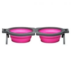 Loving Pets 842982079892 Bella Roma Travel Double Diner Dog Bowl; Pink - Medium