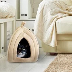 Petmaker 80-PET6002 Cat Pet Bed Igloo Soft Indoor Enclosed Covered Tent & House - Tan