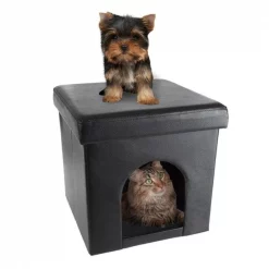 Petmaker 80-PET6109 Pet House Ottoman Collapsible Multipurpose Cat or Small Dog Bed; Faux Leather - Black
