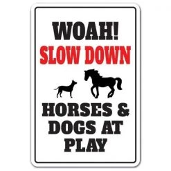 SignMission Z-A-1218-Slow Down Horses & Dogs 12 x 18 in. Slow Down Horses & Dogs At Play Aluminum Sign - Animal Speed Limit Driving