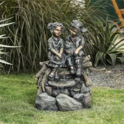 Winsome House Luxen Home Resin Bronze Children and Dog Outdoor Fountain with LED Light
