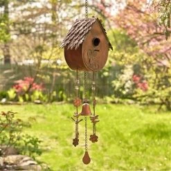 Zaer ZR190557-C Wind Chime Farm House Hanging Birdhouse; Antique Copper - 4 Piece