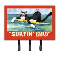 Carolines Treasures 6051TH68 Black and white Cat Surfin Bird Leash Holder or Key Hook