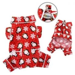 Klippo Pet KBD058LZ Penguins & Snowflake Flannel Pajamas With 2 Pockets; Red - Large
