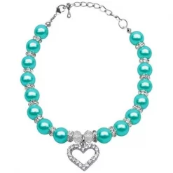 Mirage Pet Products 99-04 SMAQ Heart and Pearl Necklace Aqua Sm - 6-8