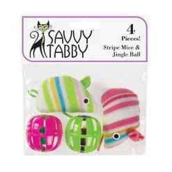 Savvy Tabby US4656 04 Stripe Mice & Jingle Ball 4 Pk