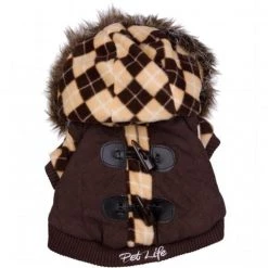 Pet Life 18BRLG Large Designer Patterned Jacket with Removable Hood - Brown
